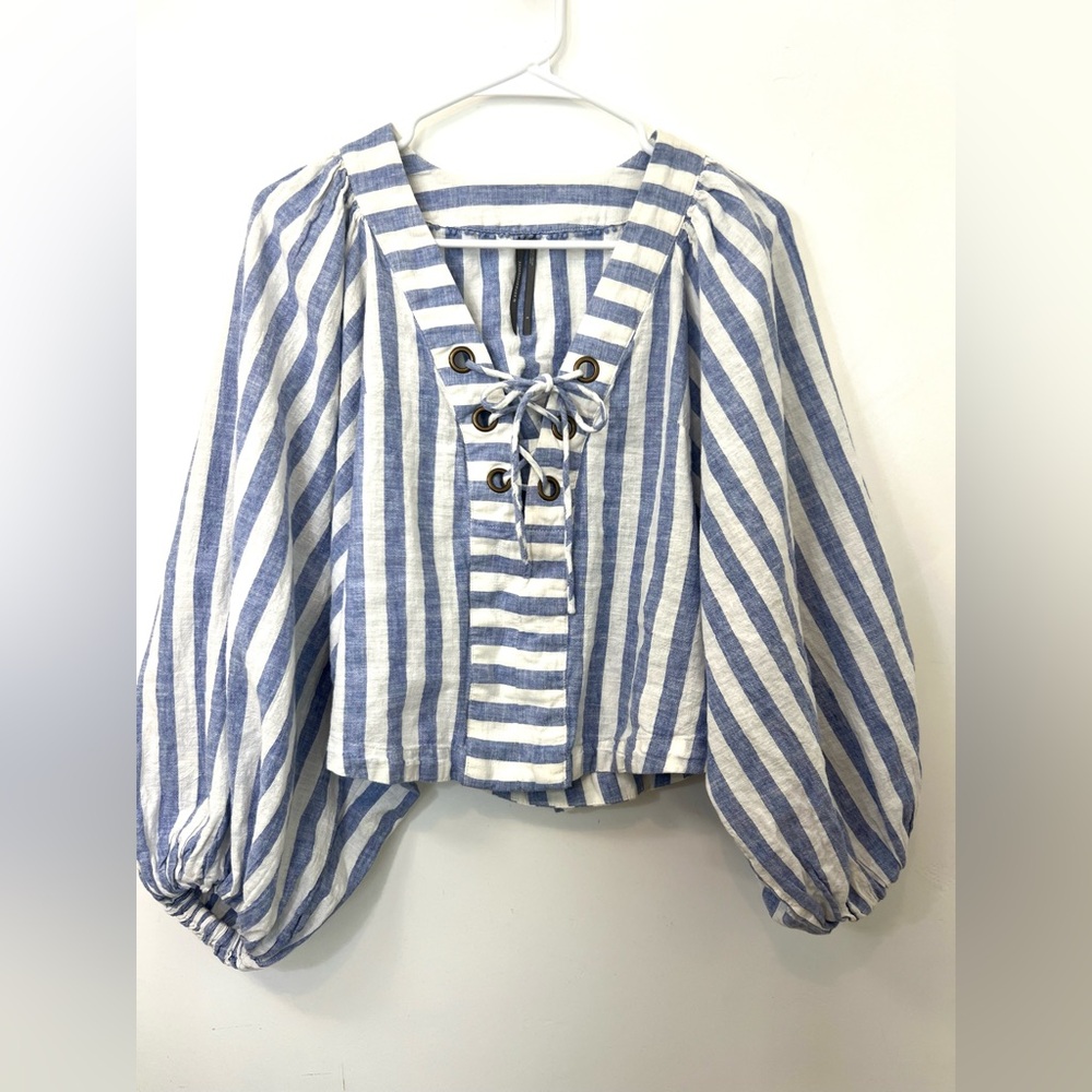 Free People Striped Lace-Up Dolman Blouse in Blue and White sz S - Picture 4 of 7